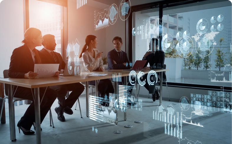 Professionals analyzing holographic financial charts